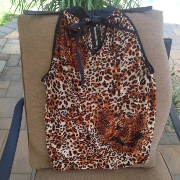 NWT LEOPARD OFF SHOULDER Brown BLOUSE Romantic M - Picture 2 of 4